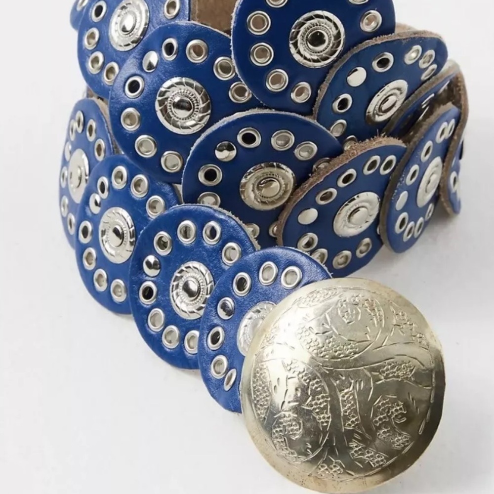 Anthropologie Blue Circle Grommet Leather Belt with Decorative Silver Medallion